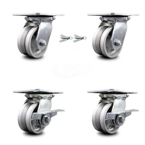 4 Inch V Groove Semi Steel Swivel Caster Swivel Locks 2 Brakes SCC, 2PK